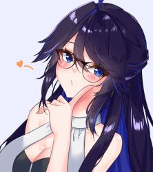 Rule 34 | 1girl, black-framed eyewear, blue eyes, blue hair, blush, breasts, cleavage, colored inner hair, glasses, hand on another&#039;s chin, heart, highres, kson, large breasts, looking at viewer, multicolored hair, purple eyes, sidelocks, solo, streaked hair, virtual youtuber, vshojo, watson (achromatist ), white background