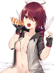 Rule 34 | 1girl, :o, apple pie, areola slip, arknights, black gloves, breasts, brown eyes, commentary, exusiai (arknights), fingerless gloves, food, gloves, grey jacket, groin, hair over one eye, halo, hands up, highres, holding, holding food, jacket, large breasts, looking at viewer, navel, open clothes, open jacket, open mouth, out-of-frame censoring, pie, raglan sleeves, red hair, short hair, short sleeves, simple background, solo, stomach, upper body, white background, yatsucchie