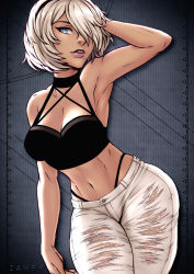 Rule 34 | 1girl, 2b (nier:automata), armpits, black choker, black hairband, black panties, blue eyes, breasts, casual, choker, cleavage, commentary, contemporary, criss-cross halter, curvy, denim, english commentary, hair over one eye, hairband, halterneck, hand in own hair, highleg, highleg panties, iahfy, jeans, lips, medium breasts, mole, mole under mouth, navel, nier:automata, nier (series), nose, panties, pants, parted lips, shiny skin, short hair, silver hair, smile, solo, thick thighs, thighs, thong, torn clothes, torn jeans, torn pants, underwear, white pants, wide hips