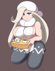 Rule 34 | 1girl, adapted costume, areola slip, bare arms, bare shoulders, blue eyes, breasts, closed mouth, creatures (company), cup, earrings, full body, game freak, grey background, hat, highres, iggybomb, jewelry, large breasts, leggings, lips, long hair, looking at viewer, mature female, melony (pokemon), nintendo, pearl earrings, pokemon, pokemon swsh, seiza, silver hair, simple background, sitting, smile, solo, teacup, teapot, turtleneck, white hat