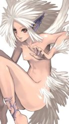 Rule 34 | 1girl, breasts, feathers, fingernails, harpy, leg tattoo, long fingernails, monster girl, nagi ryou, nipples, nude, perky breasts, plantar flexion, pointy ears, red eyes, simple background, solo, tattoo, white background, white hair, winged arms, wings