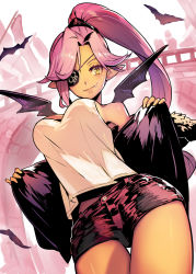 Rule 34 | 1girl, bandages, bat (animal), bat wings, black wings, borrowed character, breasts, clothes pull, eyepatch, fang, fur trim, green eyes, hide (hideout), highres, jacket, jacket pull, long hair, original, pointy ears, ponytail, purple hair, shirt, short shorts, shorts, sleeveless, sleeveless shirt, slit pupils, smile, solo, white shirt, wings