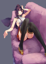 Rule 34 | 1girl, arc system works, bare shoulders, blazblue, blazblue: central fiction, breasts, couch, hades izanami, highres, knees up, legs, long hair, looking at viewer, lying, mikado (blazblue), mori yashiro (konkon oyashiro), on back, panties, ponytail, purple hair, red eyes, red skirt, skirt, solo, thighhighs, underwear, very long hair