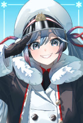 Rule 34 | 1girl, azusa (azunyan12), black gloves, black jacket, black necktie, blouse, blue background, blue eyes, blue hair, buttons, collared shirt, colored tips, double-breasted, fur-trimmed jacket, fur-trimmed sleeves, fur trim, gloves, grin, hair ribbon, hat, hatsune miku, headphones, highres, hood, hooded jacket, jacket, long sleeves, looking at viewer, multicolored hair, necktie, peaked cap, red hair, red shirt, ribbon, salute, shirt, sidelocks, smile, snowflakes, solo, straight-on, streaked hair, twintails, upper body, vocaloid, white hat, yuki miku, yuki miku (2022)