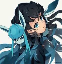 Rule 34 | 1boy, black hair, blue eyes, blue hair, blue theme, blurry, closed mouth, color connection, creature, creature on shoulder, creatures (company), crossover, dalc rose, demon slayer uniform, depth of field, from side, game freak, gen 4 pokemon, glaceon, kimetsu no yaiba, light particles, long hair, long sleeves, looking at viewer, looking to the side, looking up, male focus, multicolored hair, nintendo, on shoulder, pokemon, pokemon (creature), simple background, smile, tokitou muichirou, twitter username, two-tone hair, upper body, white background, wide sleeves