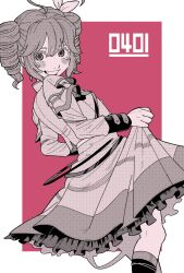 Rule 34 | 1girl, antenna hair, blush stickers, boots, dithering, drill hair, dutch angle, epaulettes, frilled skirt, frills, greyscale with colored background, hair ribbon, highres, kasane teto, kasane teto (sv), knee boots, looking at viewer, orange555 555, purple background, ribbon, skirt, smile, solo, twin drills, uniform, utau