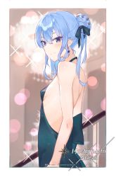 Rule 34 | 1girl, back, backless dress, backless outfit, bad id, bad pixiv id, bare shoulders, blue eyes, blue hair, breasts, character name, dress, earrings, hair bun, hair ribbon, haru on, highres, hololive, hoshimachi suisei, jewelry, long hair, looking at viewer, no bra, ribbon, single hair bun, small breasts, smile, solo, star (symbol), star in eye, symbol in eye, virtual youtuber