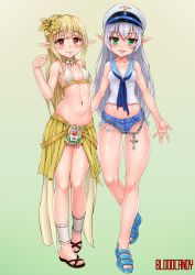 Rule 34 | 2girls, absurdres, artist name, bad id, bad pixiv id, bare shoulders, belt, bikini, bikini top only, blonde hair, bloodcandy, breasts, chain, collarbone, covered erect nipples, cross, cutoffs, dungeon and fighter, elf, flower, full body, green eyes, hair flower, hair ornament, halterneck, hat, heart, heart-shaped pupils, highres, jewelry, long hair, looking at viewer, mage (dungeon and fighter), midriff, multiple girls, navel, necklace, open mouth, original, peaked cap, pointy ears, red eyes, sailor collar, short shorts, shorts, siblings, silver hair, sisters, skirt, slippers, small breasts, smile, standing, star-shaped pupils, star (symbol), stomach, swimsuit, symbol-shaped pupils, twins, very long hair