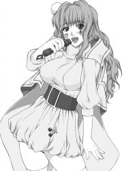 Rule 34 | greyscale, heart, long hair, macross, macross frontier, microphone, monochrome, sheryl nome, shichimenchou, simple background, solo, thighhighs