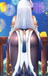Rule 34 | 1girl, ass, ass focus, clothing cutout, dress, endsmall min, fireworks, from behind, from below, genshin impact, highres, lantern, long hair, night, outdoors, shenhe (genshin impact), shiny clothes, shoulder cutout, skin tight, solo, thighs, white dress, white hair