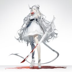 Rule 34 | 1girl, apple, bare shoulders, blood, blood splatter, breasts, buckle, chinese commentary, commentary, dress, fake horns, food, from below, fruit, full body, grey background, hair ornament, high heels, highres, holding, holding food, holding fruit, holding sword, holding weapon, horned headwear, horns, long hair, long sleeves, looking at viewer, looking down, mechanical arms, mechanical legs, medium breasts, open mouth, original, pouch, prosthesis, prosthetic arm, prosthetic leg, roman numeral, shui ran moon, sideboob, simple background, single mechanical arm, single mechanical leg, solo, standing, sword, tail, tattoo, very long hair, weapon, white dress, white footwear, white hair, yellow eyes