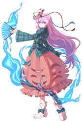 Rule 34 | 1girl, absurdres, arm at side, blue fire, boots, bow, collared shirt, commentary, dual wielding, english commentary, expressionless, fire, floating hair, folding fan, fox mask, full body, green shirt, hair between eyes, hand fan, hand up, hata no kokoro, highres, holding, holding fan, long hair, long sleeves, looking at viewer, mask, mask on head, orange skirt, parted lips, pink eyes, pink hair, plaid, plaid shirt, purple bow, shirt, simple background, skirt, solo, standing, straight hair, touhou, tsurime, very long hair, white background, white footwear, wide sleeves, xantam0129