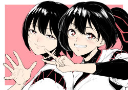 Rule 34 | 2girls, bifidus, black hair, from side, grin, hair between eyes, hyuuga (kancolle), ise (kancolle), kantai collection, looking at viewer, multiple girls, pink background, ponytail, red eyes, smile, v
