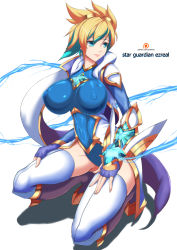 Rule 34 | absurdres, blonde hair, blue eyes, breasts, character name, covered erect nipples, ezreal, fingerless gloves, full body, genderswap, genderswap (mtf), gloves, goggles, goggles on head, gradient hair, highres, huge breasts, impossible clothes, impossible leotard, league of legends, leotard, magical girl, multicolored hair, solo, star guardian (league of legends), star guardian ezreal, thighhighs, torahime (roland00), waist cape, watermark, web address, white thighhighs, zettai ryouiki