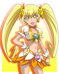 Rule 34 | 1girl, :d, blonde hair, bow, breasts, brooch, choker, cleavage, collarbone, cowboy shot, crop top, cure sunshine, earrings, floating hair, gradient background, hair between eyes, hair ornament, hand on own hip, hanzou, head tilt, heart, heart brooch, heartcatch precure!, jewelry, long hair, magical girl, midriff, miniskirt, myoudouin itsuki, navel, open mouth, orange bow, orange skirt, polka dot, polka dot background, precure, short sleeves, skirt, small breasts, smile, solo, standing, stomach, twintails, very long hair, wrist cuffs, yellow eyes