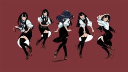 Rule 34 | 1girl, black dress, black eyes, black hair, black neckwear, black thighhighs, blush stickers, brown footwear, character request, check character, closed mouth, collared shirt, dancing, dress, full body, juby, long hair, multiple views, neck ribbon, open mouth, original, red background, ribbon, shirt, shoes, simple background, thighhighs, white shirt