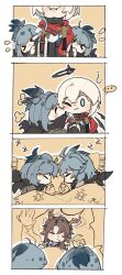 Rule 34 | &gt; &lt;, ..., 4koma, ?, absurdres, antlers, arknights, bed, black shirt, blue eyes, brown hair, bruise, bruise on face, character request, closed eyes, closed mouth, comic, commentary request, executor (arknights), executor the ex foedere (arknights), grey hair, hair between eyes, highres, horns, injury, notice lines, pillow, shirt, shiyeluya, silent comic, sleeping, spoken ellipsis, under covers, zzz