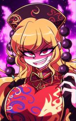 Rule 34 | 1girl, aura, black sleeves, breasts, chinese clothes, commentary, cropped torso, english commentary, fangs, fingernails, fox print, fox tail, hair between eyes, highres, junko (touhou), large breasts, littlecloudie, long hair, long sleeves, multiple tails, nail polish, open mouth, phoenix crown, red eyes, red nails, ribbon, shaded face, sharp fingernails, solo, tabard, tail, tassel, touhou, upper body, wide sleeves, yellow neckwear, yellow ribbon