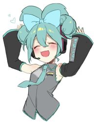 Rule 34 | 1girl, alternate hairstyle, armpits, arms up, bare shoulders, blue bow, blue hair, blue necktie, blush, bow, breasts, cinnamiku, closed eyes, collared shirt, detached sleeves, frills, grey shirt, hair between eyes, hair bow, hair ornament, hands up, hatsune miku, heart, highres, jill 07km, long sleeves, medium breasts, necktie, open mouth, shirt, short hair, simple background, smile, solo, vocaloid, white background, wide sleeves
