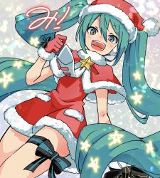 Rule 34 | 1girl, absurdly long hair, aqua eyes, aqua hair, capelet, commentary, cowboy shot, dress, dutch angle, finger to headwear, from below, fur-trimmed capelet, fur-trimmed dress, fur-trimmed gloves, fur trim, gloves, glowing, hat, hatsune miku, hekopon, leg ribbon, long hair, looking at viewer, necktie, open mouth, pom pom (clothes), red capelet, red dress, red gloves, red hat, ribbon, santa costume, santa dress, santa gloves, santa hat, smile, solo, star (symbol), star ornament, thigh ribbon, translated, twintails, very long hair, vocaloid, white necktie