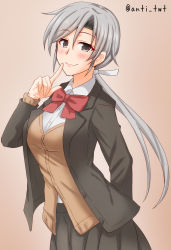 Rule 34 | 1girl, anti (untea9), blazer, brown cardigan, brown jacket, brown skirt, cardigan, chitose (kancolle), closed mouth, cosplay, finger to mouth, grey eyes, grey hair, hair between eyes, highres, jacket, kantai collection, kumano (kancolle), long hair, long sleeves, looking at viewer, open clothes, open jacket, pleated skirt, school uniform, skirt, smile, solo, twitter username