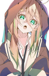 Rule 34 | 1girl, black necktie, blush, braid, e sky rugo, fang, green eyes, head tilt, highres, hood, hood up, hooded jacket, jacket, long hair, looking at viewer, necktie, open clothes, open jacket, open mouth, original, pink hair, pointy ears, simple background, skin fang, solo, white background