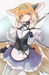 Rule 34 | 1girl, animal ears, arknights, black gloves, blonde hair, blue hairband, closed mouth, earpiece, fox ears, fox girl, fox tail, gloves, green eyes, hairband, highres, holding, holding staff, infection monitor (arknights), long hair, material growth, multiple tails, oripathy lesion (arknights), pantyhose, shino duka, single glove, single wrist cuff, smile, solo, staff, suzuran (arknights), tail, white pantyhose, wrist cuffs