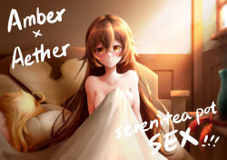 Rule 34 | 1boy, 1girl, aether (genshin impact), aftersex, ahoge, amber (genshin impact), bed, bed sheet, bedroom, blonde hair, blush, breasts, brown hair, completely nude, covering privates, covering breasts, english text, flower pot, genshin impact, happy, hetero, indoors, long hair, looking at viewer, lying, medium breasts, nude, on bed, pillow, red ribbon, ribbon, royboy, sleeping, smile, solo focus, sunlight, topless, window, yellow eyes