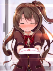 Rule 34 | 10s, 1girl, blazer, blush, bow, bowtie, brown hair, closed eyes, closed mouth, collared shirt, commentary request, confession, dress shirt, eyebrows, facing viewer, floating hair, hair bow, hair intakes, hair ornament, heart, holding, holding letter, idolmaster, idolmaster cinderella girls, idolmaster cinderella girls starlight stage, incoming gift, indoors, jacket, letter, long hair, long sleeves, love letter, love letter (idolmaster), nervous, nose blush, one side up, outstretched arms, pov, purple bow, red bow, red bowtie, sch, school uniform, shimamura uzuki, shirt, smile, solo, sticker, striped bow, striped bowtie, striped clothes, striped neckwear, tsurime, upper body, white shirt, window