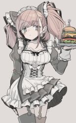 Rule 34 | 1girl, alternate costume, atlanta (kancolle), black dress, black thighhighs, blush, brown hair, burger, closed mouth, cowboy shot, dress, earrings, enmaided, food, frilled dress, frills, garter straps, grey background, grey eyes, holding, jewelry, kantai collection, long hair, long sleeves, maid, maid headdress, monaka ooji, simple background, single earring, solo, star (symbol), star earrings, thighhighs, two side up
