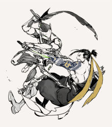 Rule 34 | 2boys, armor, arrow (projectile), beard, black hair, bodysuit, bow (weapon), cyborg, facial hair, genji (overwatch), hanzo (overwatch), helmet, hiruchan, holding, holding weapon, japanese clothes, katana, long hair, male focus, mask, multiple boys, overwatch, overwatch 1, partially colored, ponytail, quiver, short hair, sword, tattoo, weapon, white background