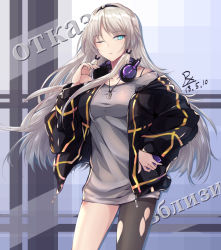 Rule 34 | 1girl, alternate costume, an-94 (girls&#039; frontline), baggy clothes, black bra, black pantyhose, blonde hair, blue eyes, blush, bra, breasts, casual, cellphone, closed mouth, collarbone, cowboy shot, cyrillic, dated, dog tags, dress, girls&#039; frontline, grey dress, hair ribbon, hairband, half-closed eye, hand on headphones, headphones, headphones around neck, holding, holding phone, jacket, long hair, long sleeves, looking at viewer, medium breasts, off shoulder, one eye closed, open clothes, open jacket, pantyhose, pantyhose around one leg, phone, ribbon, short dress, sidelocks, signature, single leg pantyhose, smartphone, solo, thighs, torn clothes, torn pantyhose, tress ribbon, underwear, unzipped, zhishi ge fangzhang, zipper