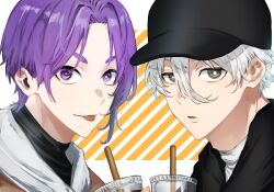 Rule 34 | 2boys, :p, baseball cap, black headwear, blue lock, bright pupils, commentary request, cup, drinking straw, hair between eyes, hat, highres, looking at viewer, male focus, mikage reo, multiple boys, nagi seishirou, naka (58hrprtr), open mouth, purple eyes, purple hair, short hair, thick eyebrows, tongue, tongue out, turtleneck, white hair, white pupils