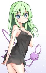 Rule 34 | 1girl, alternate costume, alternate hair length, alternate hairstyle, arched back, armpit peek, bare arms, bare shoulders, black dress, blue eyes, blush, breasts, chemise, cleavage, cowboy shot, dress, eyeball, from side, green hair, hand on own chest, komeiji koishi, looking at viewer, looking to the side, medium breasts, no headwear, no headwear, ominaeshi (takenoko), parted lips, short dress, sideboob, sidelocks, solo, strap slip, third eye, touhou, white background