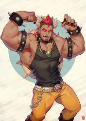 Rule 34 | 1boy, absolum art, absurdres, armband, armpit hair, armpits, bara, belt, black nails, black tank top, bowser, bracelet, covered abs, feet out of frame, flexing, highres, jewelry, king koopa, large pectorals, lying, male focus, mario (series), muscular, nail polish, necklace, nintendo, on back, pants, pectorals, short hair, solo, spiked bracelet, spikes, tank top, the super mario bros. super show!, thick thighs, thighs, yellow pants