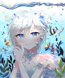 Rule 34 | 1girl, absurdres, air bubble, anastasia (idolmaster), armlet, blue eyes, blush, breasts, bubble, cleavage, clownfish, dress, earrings, eye glitter, fish, floating, floating object, flower, glint, hair flower, hair ornament, half-closed eyes, highres, idolmaster, idolmaster cinderella girls, idolmaster cinderella girls starlight stage, jewelry, kunyoong, light blush, neck ring, ocean, petals, seaweed, short hair, sleeveless, sleeveless dress, small breasts, smile, stud earrings, thick eyelashes, underwater, watermark, white hair