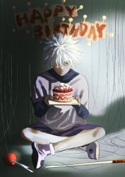 Rule 34 | 1boy, cake, child, chinyu11988612, fishing rod, food, full body, hair over one eye, happy birthday, highres, hunter x hunter, indian style, killua zoldyck, layered sleeves, long sleeves, looking at viewer, male focus, pin, shirt, short hair, short over long sleeves, short sleeves, shorts, sitting, solo, thread, white hair, white shirt