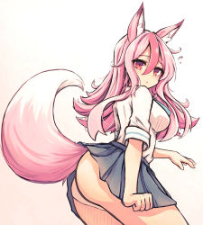 Rule 34 | 1girl, absurdres, animal ear fluff, animal ears, ass, blue skirt, brand new animal, breasts, clothes lift, flying sweatdrops, fox ears, fox girl, fox tail, from side, highres, hiwatashi nazuna, lifted by self, lifted by tail, long hair, looking back, no panties, pink eyes, pink hair, school uniform, shirt, short sleeves, sideboob, simple background, skirt, skirt lift, skirt tug, solo, tail, thighs, white background, white shirt, yazuishou ray