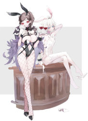 Rule 34 | 2girls, alcohol, animal ears, black footwear, black leotard, black nails, bow, breasts, brown hair, clothing cutout, cup, demon wings, detached collar, drinking glass, fake animal ears, finger to mouth, fishnets, half updo, high heels, highres, hinamori (18ar0), holding, holding tray, large breasts, leaning, leotard, long hair, looking at viewer, multiple girls, nail polish, navel, navel cutout, original, playboy bunny, rabbit ears, red eyes, short hair, sitting, smile, swept bangs, thighhighs, tray, white background, white bow, white footwear, white hair, white leotard, white thighhighs, wine, wine glass, wings, wrist cuffs