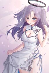 Rule 34 | 1girl, 1yu x, alternate costume, blue archive, blue eyes, breasts, cleavage, cowboy shot, dress, frilled dress, frills, halo, highres, large breasts, long hair, mechanical halo, open mouth, purple hair, sleeveless, sleeveless dress, solo, two side up, white dress, yuuka (blue archive)