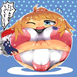 Rule 34 | 10s, 1girl, artist request, ball, blue eyes, blush, breasts, brown hair, covered erect nipples, flying sweatdrops, gundam, gundam build fighters, gundam build fighters try, highres, hoshino fumina, kamiki sekai, large breasts, navel, one eye closed, open mouth, transformation, underboob, what