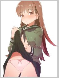 Rule 34 | 1girl, bad id, bad twitter id, black neckerchief, bow, bow panties, brown eyes, brown hair, caburi, clothes lift, commentary request, cowboy shot, green sailor collar, green serafuku, green skirt, highres, kantai collection, lifted by self, long hair, looking at viewer, neckerchief, no bra, ooi (kancolle), open clothes, panties, pink panties, pleated skirt, sailor collar, school uniform, serafuku, simple background, skirt, skirt lift, solo, standing, underwear, white background