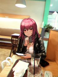 Rule 34 | 1girl, absurdres, alternate costume, booth seating, breasts, ceiling light, chromatic aberration, cleavage, display case, drinking straw, fate/grand order, fate (series), glass, greem bang, hair intakes, highres, holding, holding phone, indoors, jacket, jewelry, leather, leather jacket, lips, long hair, long sleeves, looking at viewer, napkin, necklace, phone, plant, potted plant, purple hair, red eyes, scarf, scathach (fate), scathach (fate), shirt, smile, solo, table, tray, white shirt