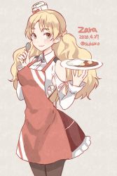 Rule 34 | 1girl, alternate costume, apron, black pantyhose, blonde hair, blush, braid, brown eyes, character name, clothing cutout, curry, curry rice, dated, food, french braid, frilled skirt, frills, grey background, hat, holding, holding plate, holding spoon, kantai collection, kasumi (skchkko), long hair, long sleeves, mini hat, one-hour drawing challenge, pantyhose, plate, red apron, rice, shoulder cutout, simple background, skirt, smile, solo, spoon, twitter username, zara (kancolle)