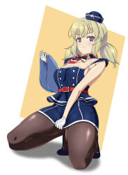 Rule 34 | 1girl, ascot, belt, blonde hair, blue ascot, blue footwear, blue skirt, blue tank top, blue towel, blush, breasts, cleavage, closed mouth, clothes pull, collarbone, dolphin, flight attendant, frown, garrison cap, gloves, hat, highres, holding, holding towel, kafuru (senran kagura), kneeling, looking at viewer, low twintails, macaroni (dontakadx), medium breasts, multicolored ascot, pantyhose, pencil skirt, purple eyes, red ascot, red belt, senran kagura, senran kagura estival versus, senran kagura new link, shiny skin, short twintails, simple background, skirt, skirt pull, solo, tank top, towel, travel attendant, twintails, two-tone background, uniform, white ascot, white background, white gloves, yellow ascot, yellow background