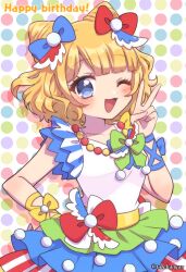 Rule 34 | 1girl, ;d, blonde hair, blue bow, blue eyes, blunt bangs, blush, bow, commentary request, cone hair bun, cowboy shot, curly hair, double bun, dress, hair bow, hair bun, hand on own hip, hand up, idol clothes, jewelry, looking at viewer, minami mirei, multicolored clothes, multicolored dress, necklace, one eye closed, open mouth, polka dot, polka dot background, pretty series, pripara, red bow, short hair, smile, solo, tabana, v