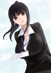 Rule 34 | 1girl, absurdres, arms behind back, black hair, black sweater, breasts, brown eyes, collared shirt, from below, highres, hr lady (rucchiifu), lanyard, large breasts, leaning forward, long hair, long sleeves, looking at viewer, office lady, open mouth, original, ponytail, rucchiifu, shirt, solo, standing, sweater, textless version, white shirt