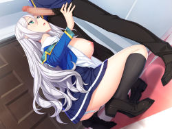 Rule 34 | 1girl, ass, blush, breasts, breasts out, censored, checkered floor, feet, from below, green eyes, hair between eyes, highres, indoors, ino (magloid), kneehighs, large breasts, long hair, mosaic censoring, nipples, open clothes, open mouth, open shirt, original, otomege no akuyaku mob sono 2 wa hametsu end wo kaihi shitai., panties, pantyshot, penis, penis awe, pussy, school uniform, shoes, skirt, socks, squatting, standing, underwear, white hair