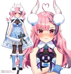 Rule 34 | 1girl, ahoge, artist name, black cape, black pantyhose, blue dress, blue footwear, blush, boots, breasts, cape, character name, commentary, demon girl, demon horns, demon tail, dress, english commentary, fur trim, heart, heart ahoge, heart hair, highres, horns, ironmouse, medium breasts, multicolored hair, official art, pantyhose, pink eyes, pink hair, purple hair, rosuuri, smile, streaked hair, tail, virtual youtuber, vshojo, white background