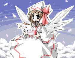 Rule 34 | 1girl, :o, brown eyes, brown hair, cowboy shot, dress, fairy, fairy wings, female focus, hat, lily white, long sleeves, looking at viewer, parted lips, short hair, solo, touhou, white dress, white wings, wide sleeves, wings